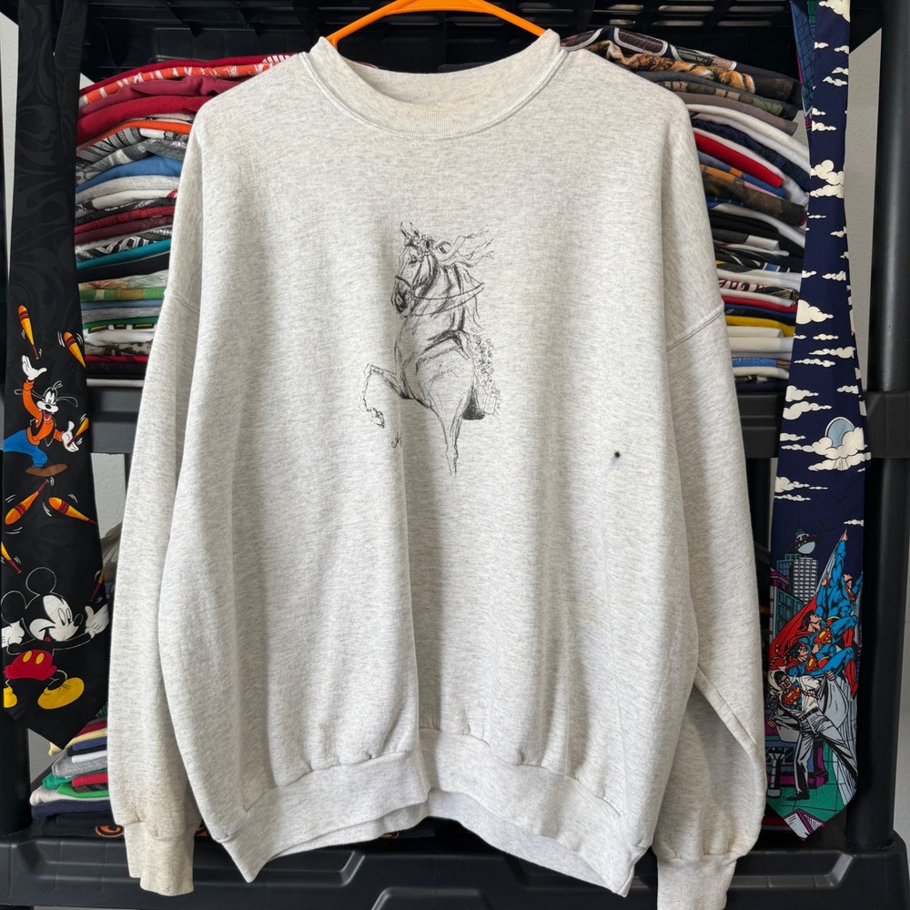 Vintage Heather Gray Sketch Horse Graphic Sweatshirt XL Light Marks